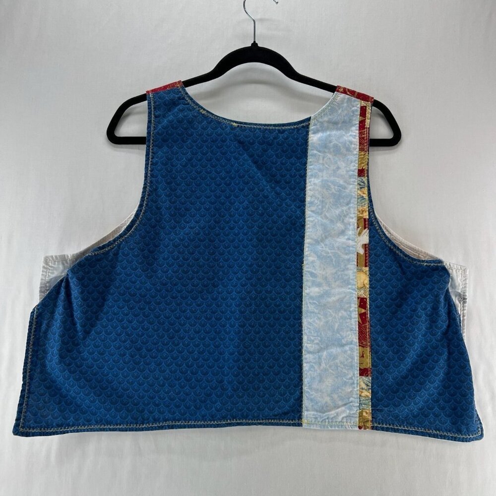 Handmade Upcycled Patchwork Vest Womens Angel Dove Peace Print Crop Top Blue Red - Picture 2 of 10